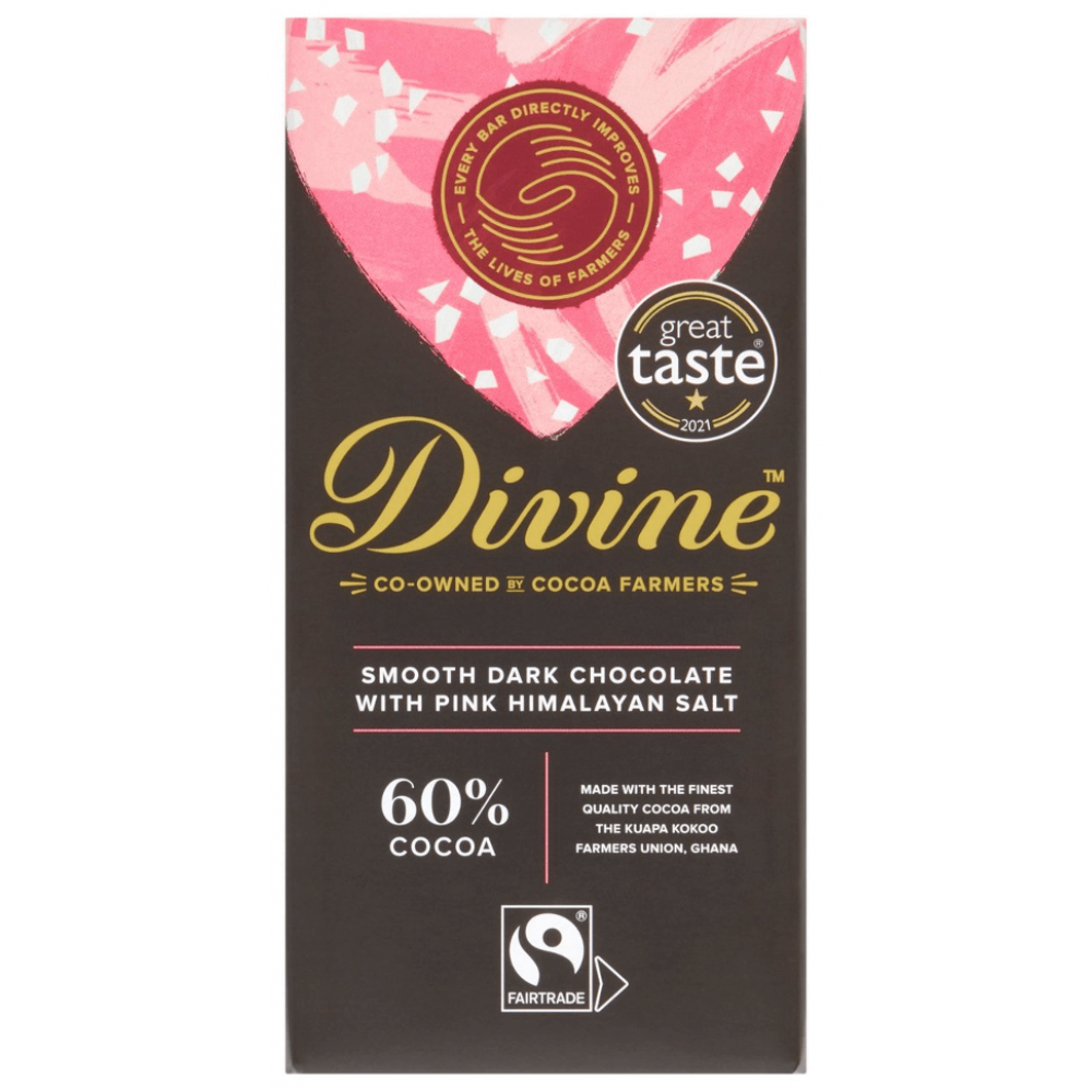 Divine Chocolate - 60% Dark Chocolate with Pink Himalayan Salt - 15 x 90g