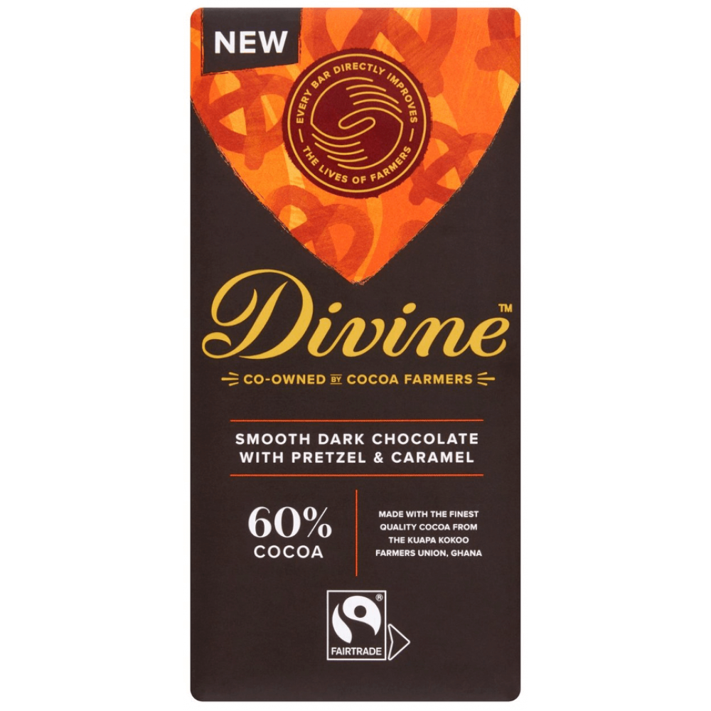 Divine Chocolate - 60% Dark Chocolate with Pretzel & Caramel - 15 x 90g